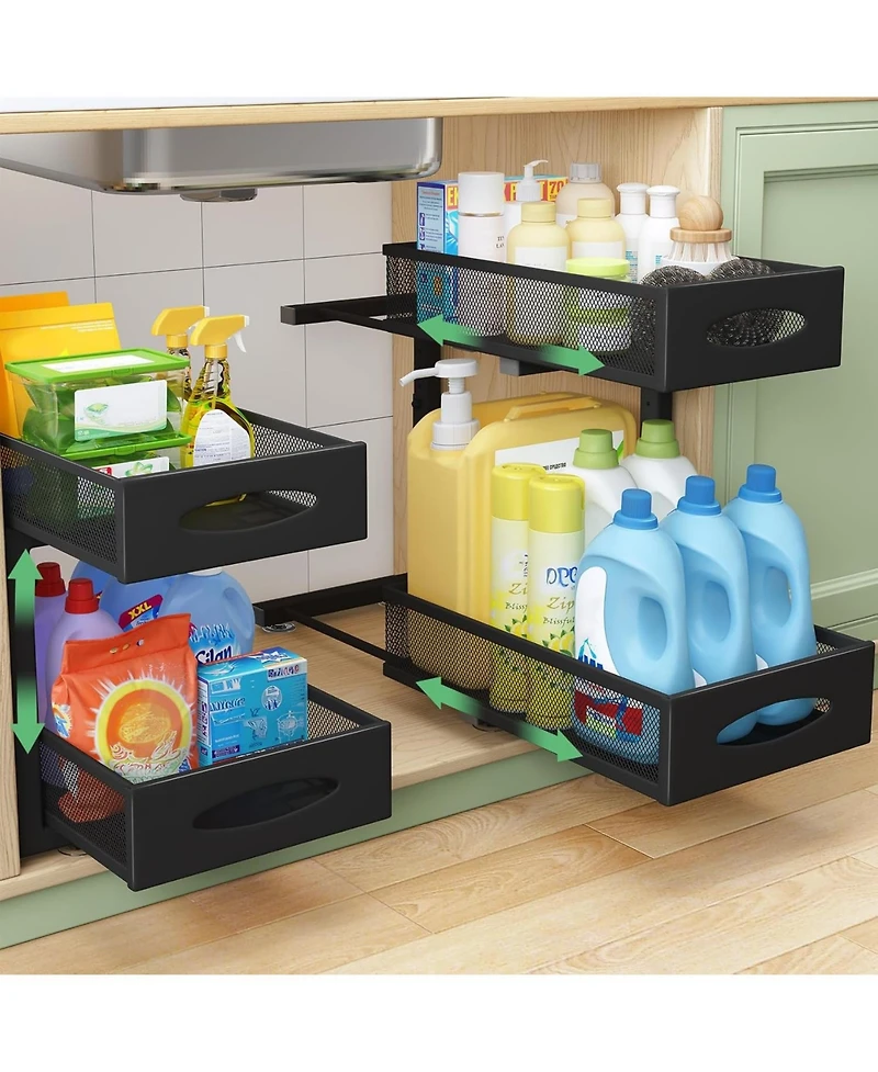 Kitstorack Under Sink Organizer, 2 Tier Pull out Cabinet Organizer Baskets with Mesh Sliding Drawers, Slide out Storage Shelf for Home, Kitchen, Bathr