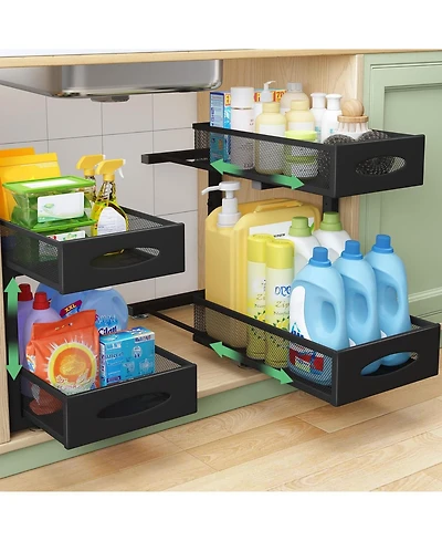 Kitstorack Under Sink Organizer, 2 Tier Pull out Cabinet Organizer Baskets with Mesh Sliding Drawers, Slide out Storage Shelf for Home, Kitchen, Bathr
