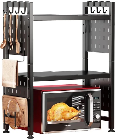 Kitstorack 17.4"- 27.4" Expandable Microwave Stand, 3-Tier Heavy Duty Adjustable Height Microwave Oven Rack with 9 Hooks and Cutting Board Holder, Cou