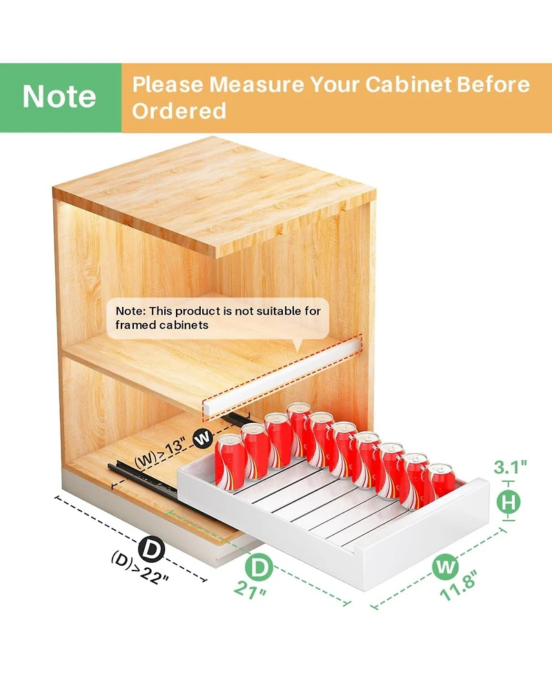 Kitstorack Pull out Cabinet Organizer, 21"Deep, 11.8"Wide Full-Extension Heavy Duty Slide out Drawers with Nano Adhesive, Roll Out Shelves S