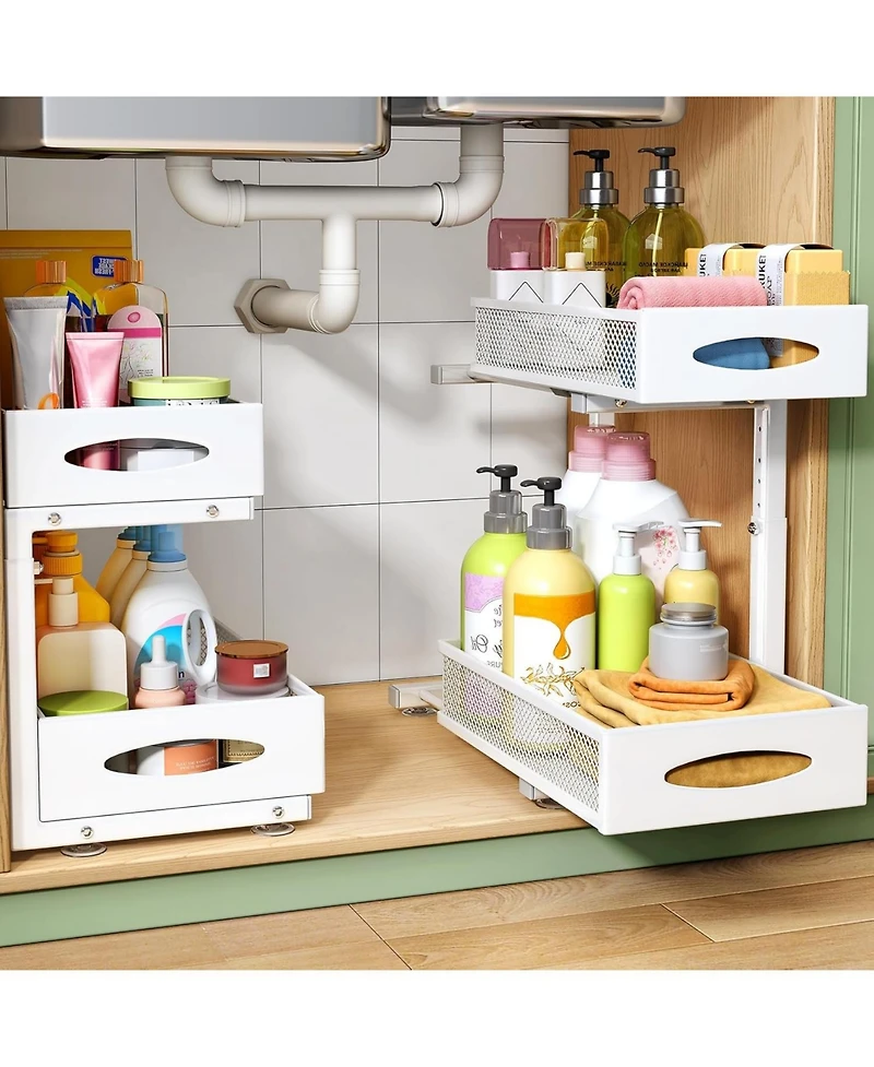 Kitstorack 4 Pack 2 Tier Pull out Under Sink Organizer White