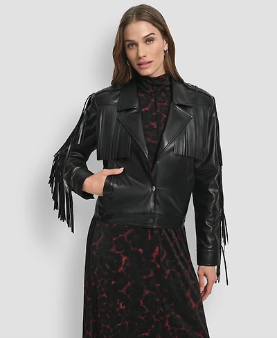 Dkny Women's Fringe Detail Crop Collared Jacket
