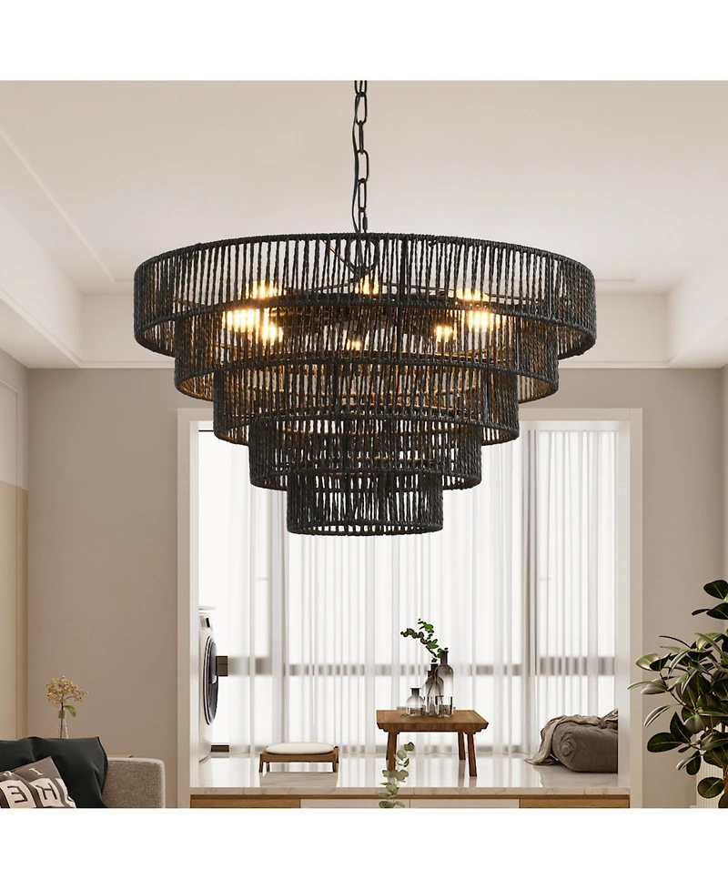 Streamdale Furniture Rustic 5-Tier Hemp Rope Chandelier with 8 Sockets, Hardwired Pendant