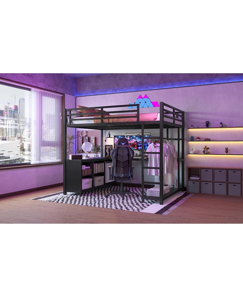Streamdale Furniture Metal Loft Bed with Wardrobe & Desk Full Size Black