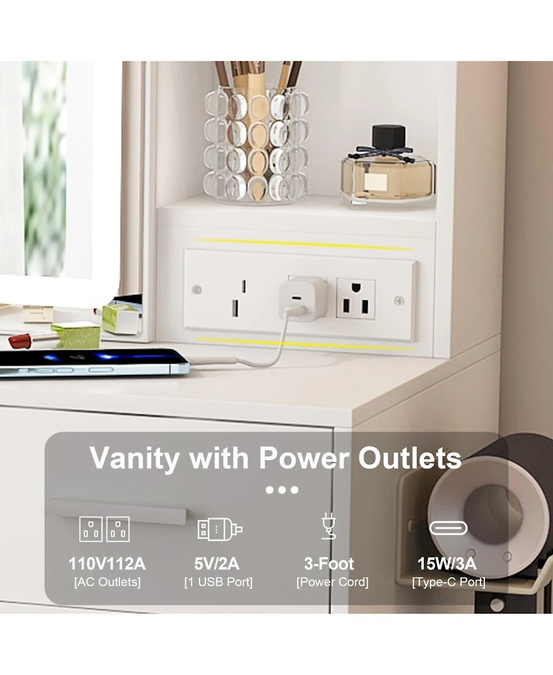 Streamdale Furniture Small Vanity Desk with Mirror Led Lights & Outlet - White