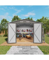 Streamdale Furniture 10x12FT Metal Garden Storage Shed, Double Door, Window, Waterproof - Grey