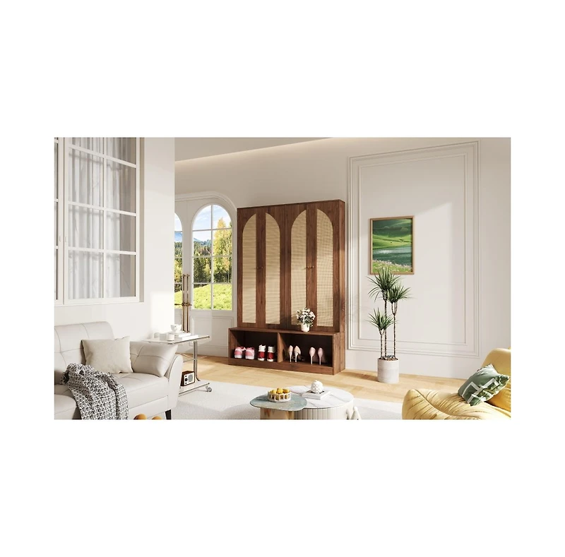 Streamdale Farmhouse Hall Tree - Rattan Doors, Bench, Hooks, Shoe Cabinet - Walnut, 55.1"W