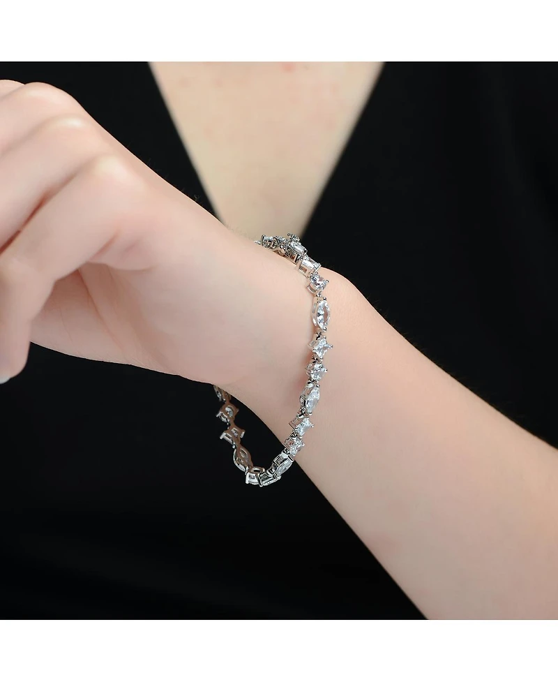 Genevive Sterling Silver White Gold Plated with Clear Cubic Zirconia Symmetrical Design Statement Bracelet