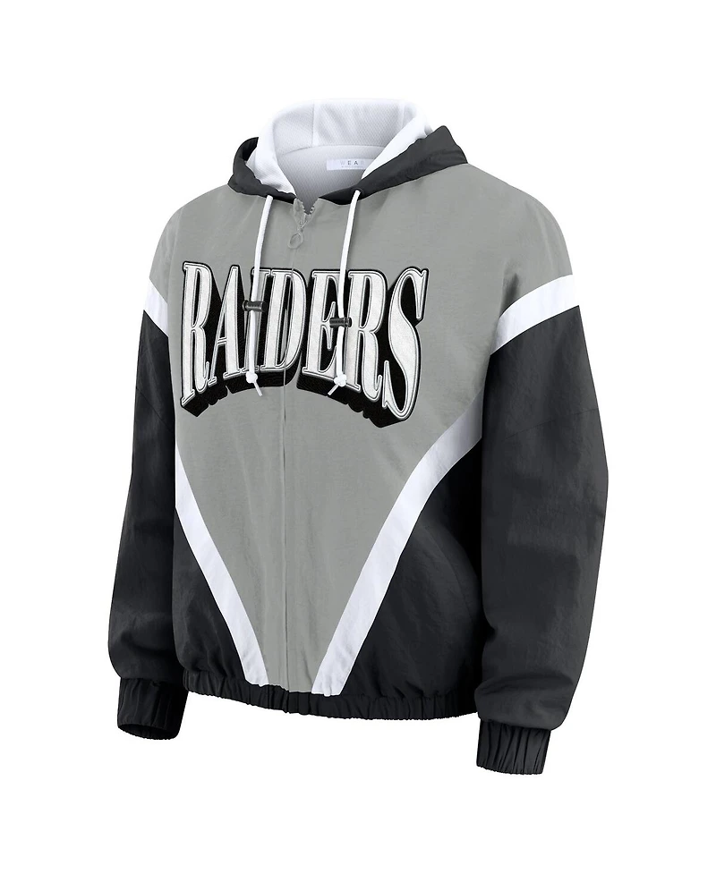 Wear by Erin Andrews Women's Black/Silver Las Vegas Raiders Retro Crinkle Full-Zip Hoodie Windbreaker