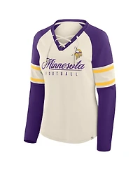 Fanatics Women's Cream/Purple Minnesota Vikings Hometown Gridiron Hero Raglan Lace-Up V-Neck Long Sleeve T-Shirt