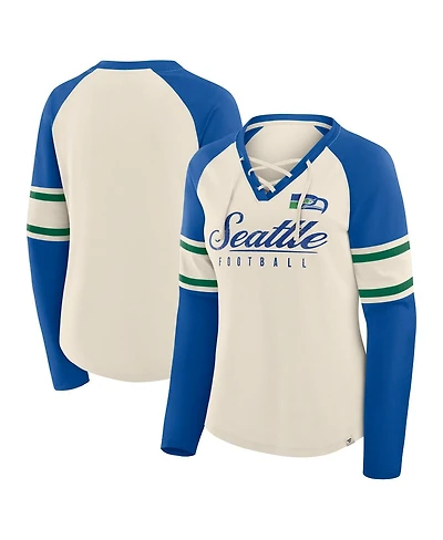 Fanatics Women's Cream/Royal Seattle Seahawks Hometown Gridiron Hero Raglan Lace-Up V-Neck Long Sleeve T-Shirt
