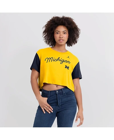 Jordan Women's Maize/Navy Michigan Wolverines Color-Block Script Dri-fit Cropped T-Shirt