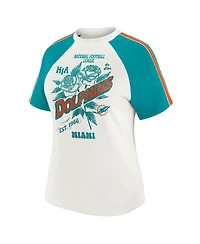 Wear by Erin Andrews Women's White Miami Dolphins Sleeve Stripe Distressed Raglan T-Shirt
