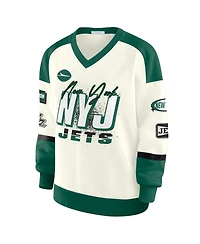 Wear by Erin Andrews Women's Cream New York Jets Racing Crew V-Neck Sweatshirt