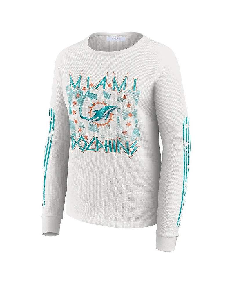 Wear by Erin Andrews Women's White Miami Dolphins Graphic Waffle Long-Sleeve T-Shirt