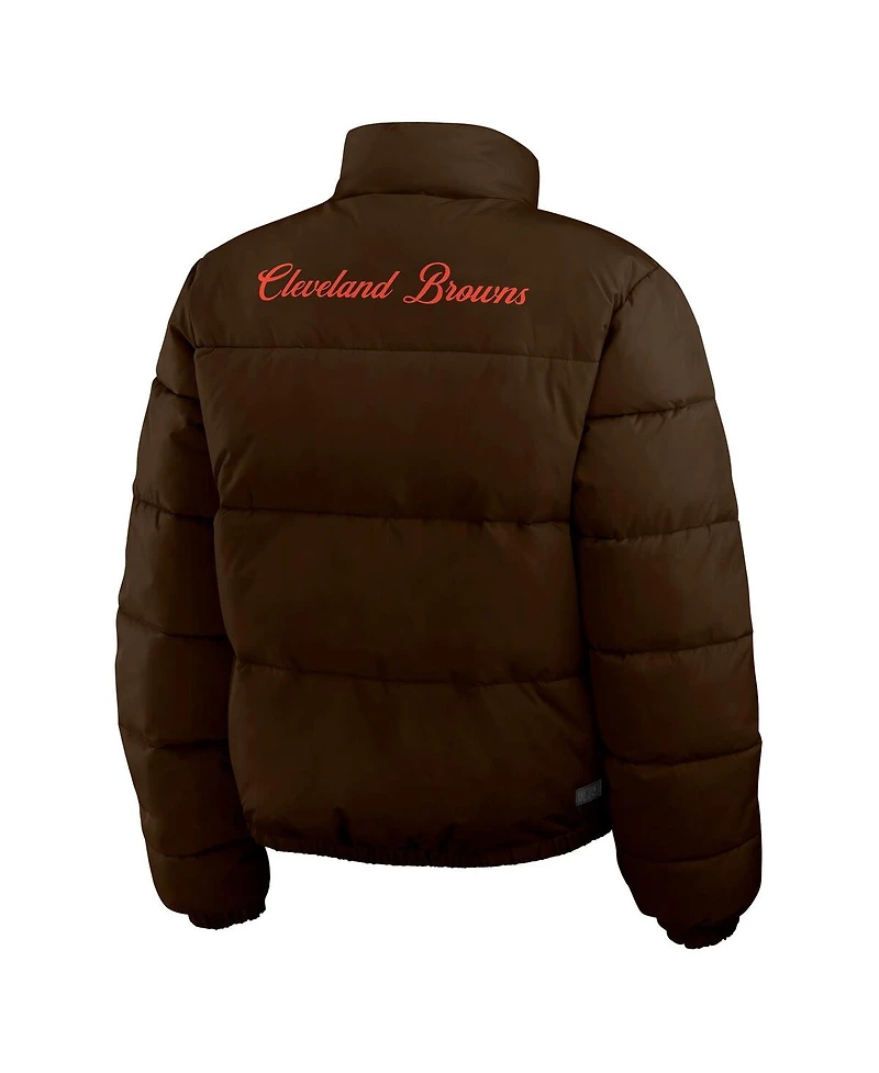 Wear by Erin Andrews Women's Brown/White Cleveland Browns Reversible Cropped Full-Zip Puffer Jacket