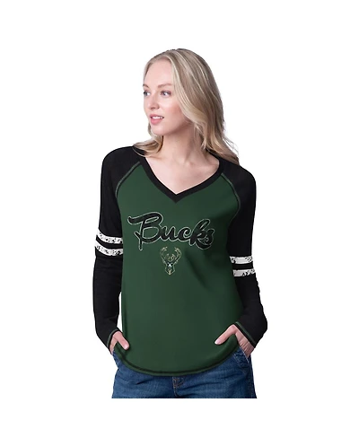 G-iii 4Her by Carl Banks Women's Hunter Green/Cream Milwaukee Bucks Winner Waffle Knit Thermal Long Sleeve Tri-Blend T-Shirt