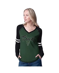 G-iii 4Her by Carl Banks Women's Hunter Green/Cream Milwaukee Bucks Winner Waffle Knit Thermal Long Sleeve Tri-Blend T-Shirt