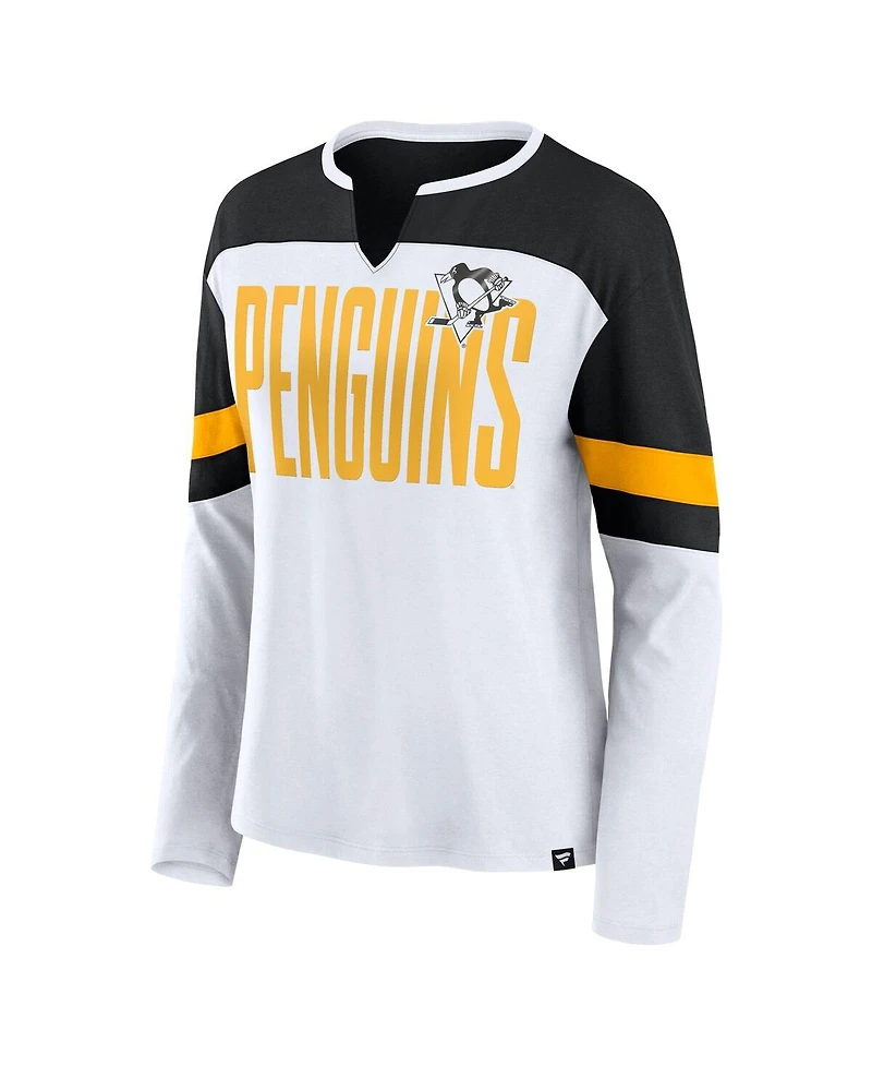 Fanatics Women's White/Black Pittsburgh Penguins Frozen Long Sleeve Notch Neck T-Shirt