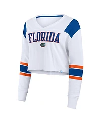 Fanatics Women's White Florida Gators Training Camp Cropped Long Sleeve V-Neck Fashion Top