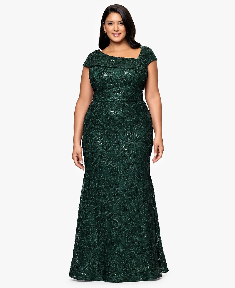 Xscape Plus Size Lace Detail Asymmetrical Neck Maxi Dress