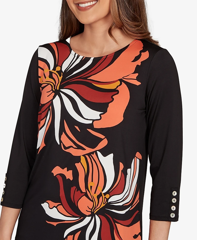 Ruby Rd. Petite Button Sleeve Bold Floral Top