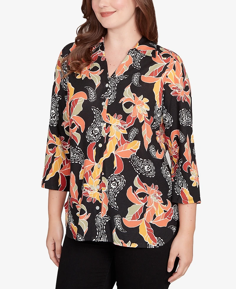 Ruby Rd. Petite Shirt Collar Floral Paisley Button Front Top