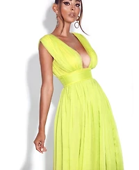 Miss Circle Women Valley Of Angels Lime Chiffon Pleated High Slit Maxi Dress