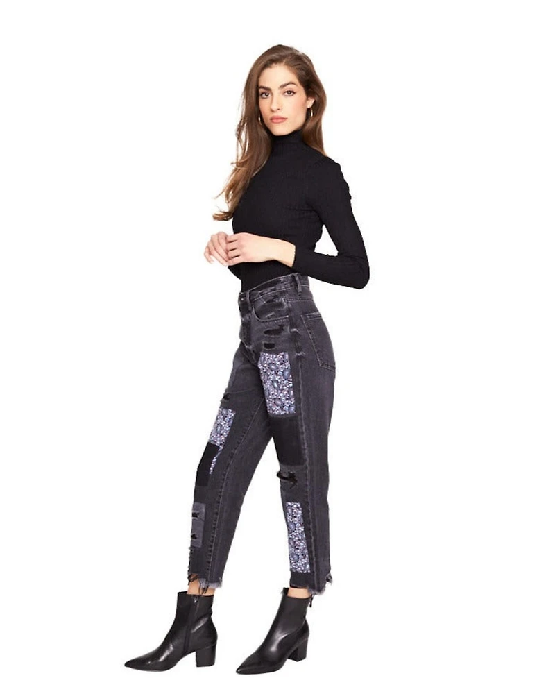 Blue Revival Women's Black Stone Paisley Patchwork High-Rise Straight Leg Jeans, 100% Cotton