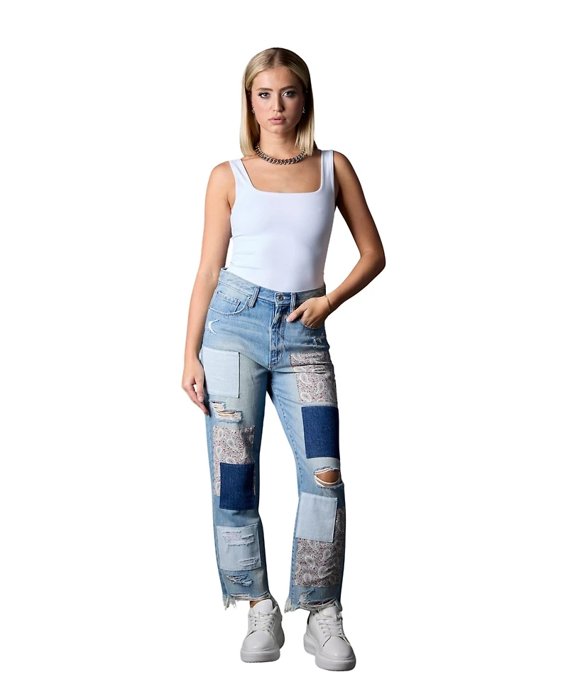 Blue Revival Women's Miami Paisley Patchwork 100% Cotton Straight Leg Jeans