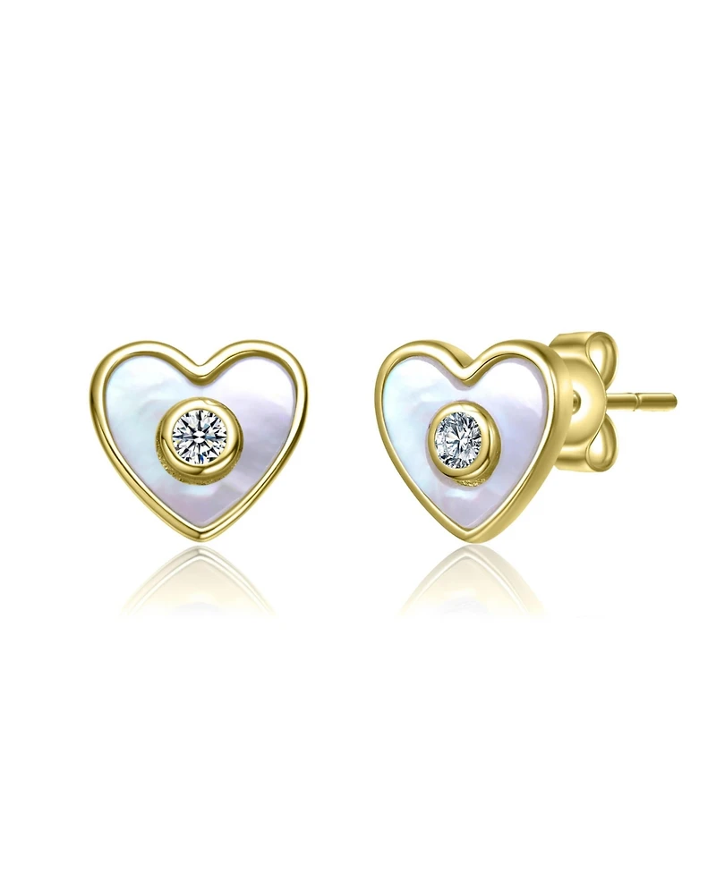 GiGiGirl Sterling Silver 14K Gold Plated with White Mother-of-Pearl and Clear Cubic Zirconia Heart-Shaped Stud Earrings for Kids