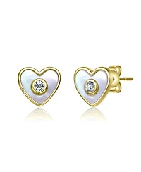 GiGiGirl Sterling Silver 14K Gold Plated with White Mother-of-Pearl and Clear Cubic Zirconia Heart-Shaped Stud Earrings for Kids