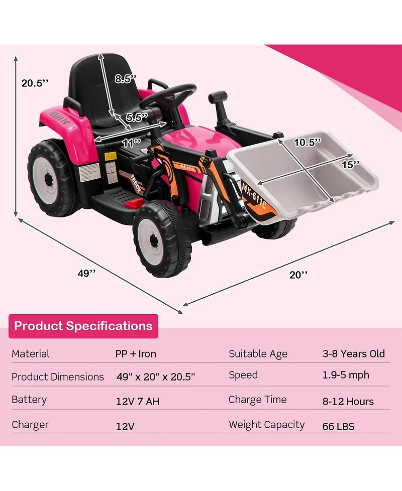 12V Battery Powered Kids Ride on Excavator with Adjustable Arm and Bucket