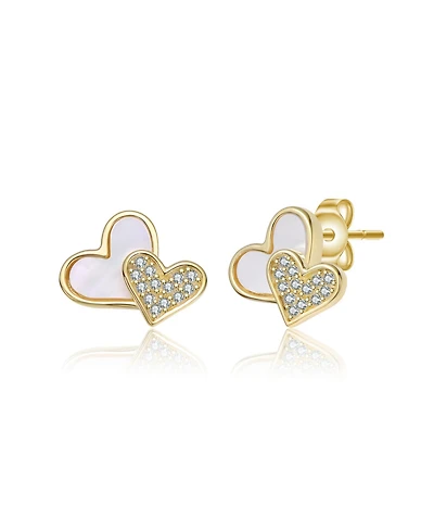 GiGiGirl Sterling Silver 14K Gold Plated with White Mother of Pearl & Cz Stones Accents Heart Stud Earrings