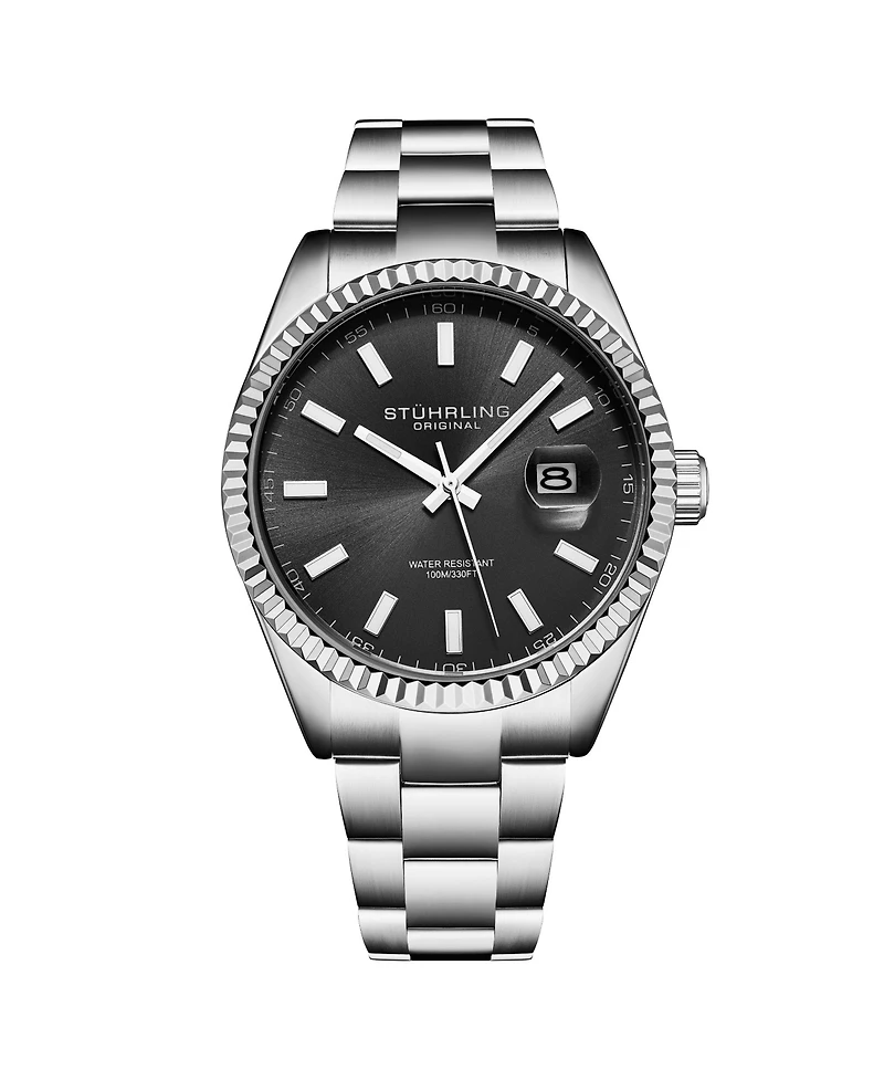 Stuhrling Vanguard 4069 Men s Quartz Watch – 42mm, Black Dial, Stainless Steel Bracelet, Fluted Bezel, Date, 100M Water Resistant