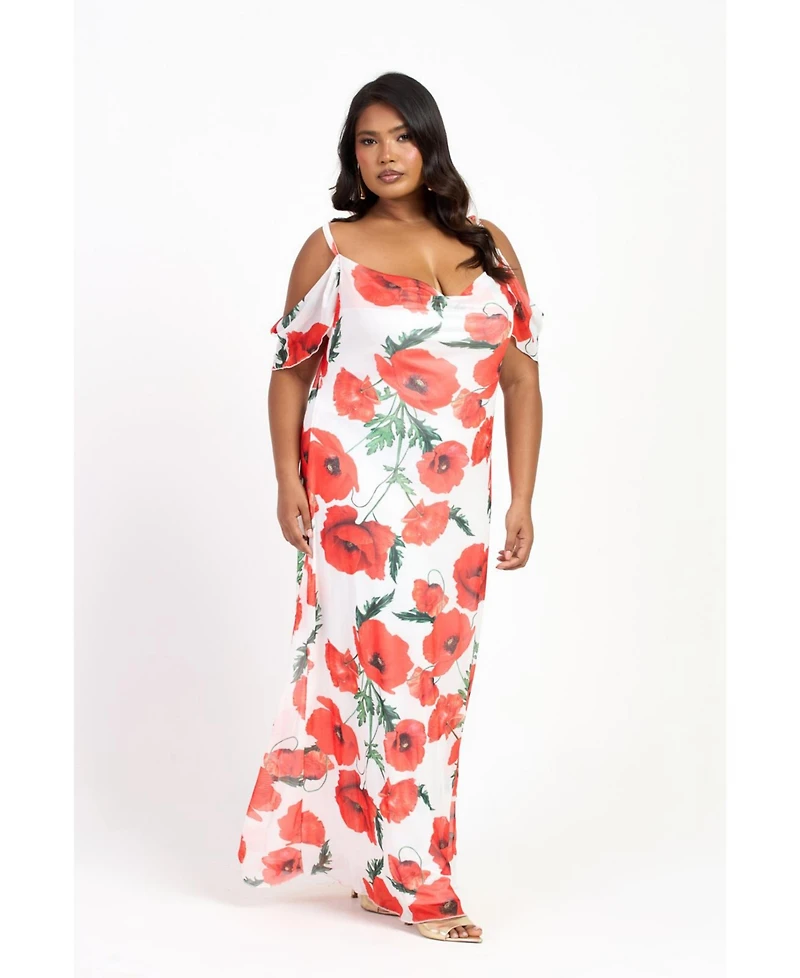 Fashion-szn Curve Women's Cold Shoulder Poppy Print Strappy Dress