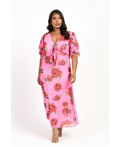 Fashion-szn Curve Women's Flutter Sleeve Tie Front Midi Dress