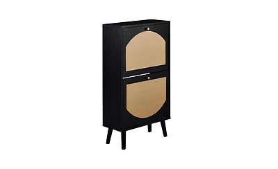 Slickblue Two Dump Buckets Shoe Cabinet with High-Leg Frame and Original Wood Rattan Surface