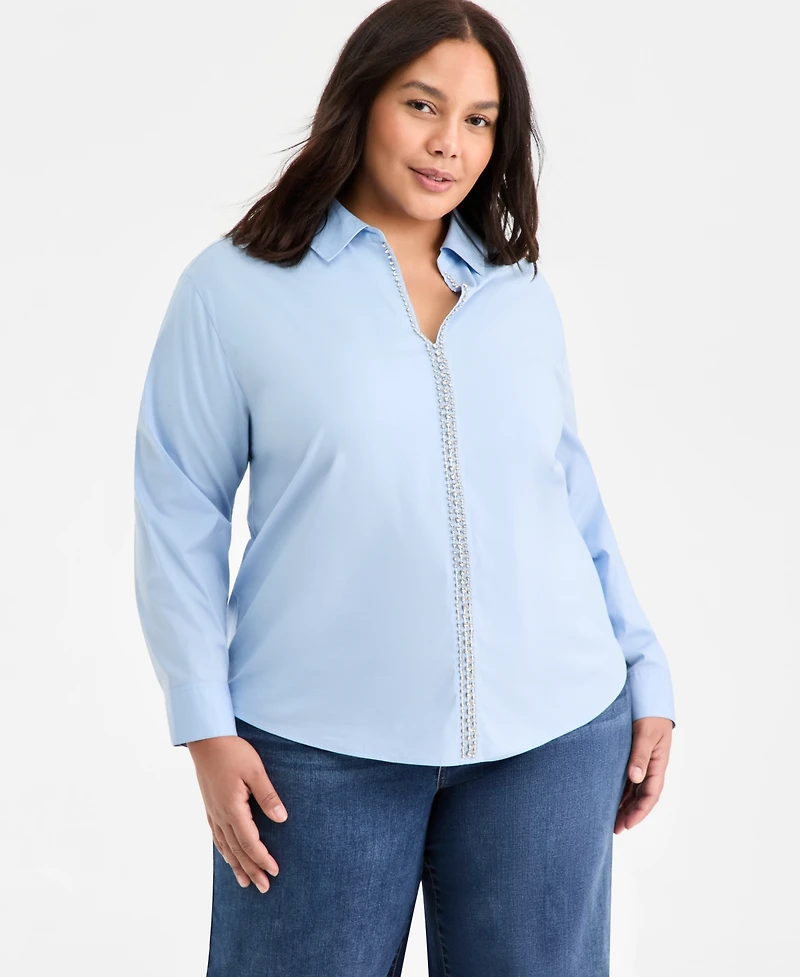 On 34th Trendy Plus Solid Embellished Popover Top, Macy's Exclusive