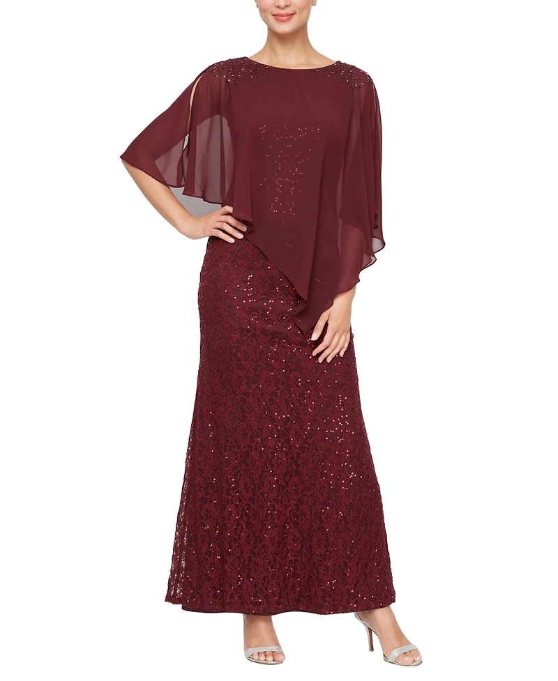 Sl Fashions Petite Round-Neck Sequin Lace Cape Dress