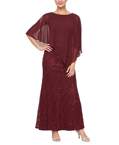 Sl Fashions Petite Round-Neck Sequin Lace Cape Dress
