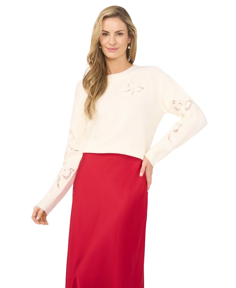 CeCe Women's Lace Bow Long Sleeves Sweater