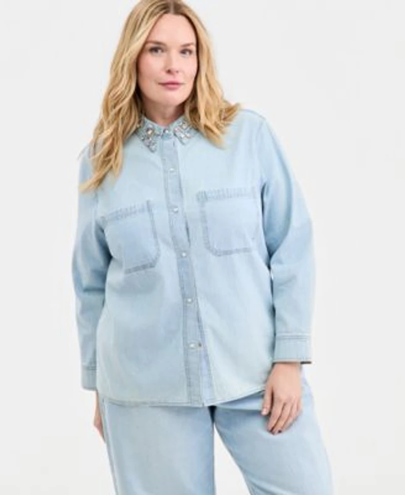 On 34th Trendy Plus Size Embellished Collar Denim Shirt Embellished Cropped Barrel Leg Jeans Macys Exclusive