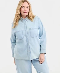 On 34th Trendy Plus Size Embellished Collar Denim Shirt Embellished Cropped Barrel Leg Jeans Macys Exclusive