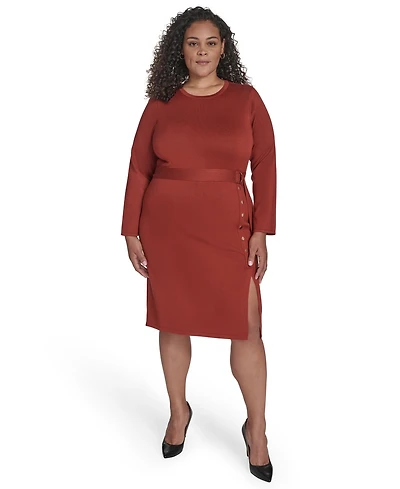 Jessica Howard Plus Long Sleeve Belted Midi Dress