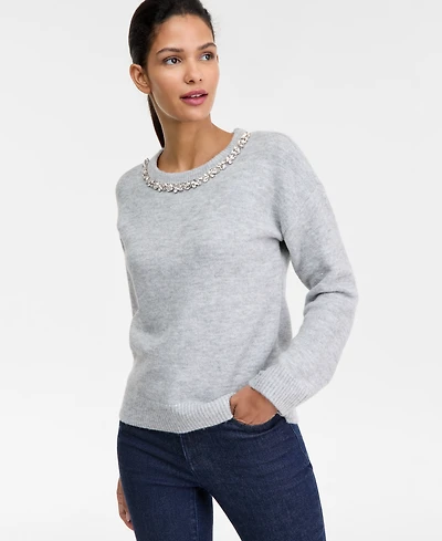 I.n.c. International Concepts Women's Long-Sleeve Embellished-Neck Sweater