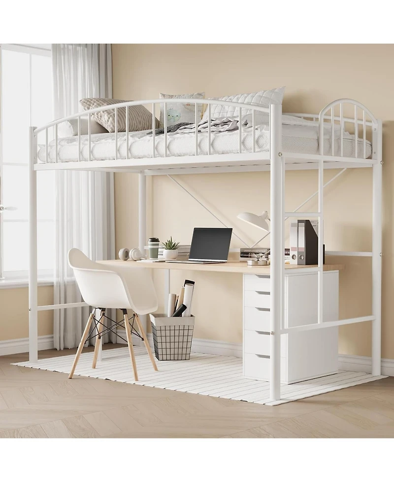 gaomon Loft Bed Twin Size, Heavy Duty Metal Loft Bed Frame with Arched Guardrail and Safety Ladder, Space-Saving, No Box Spring Needed, White