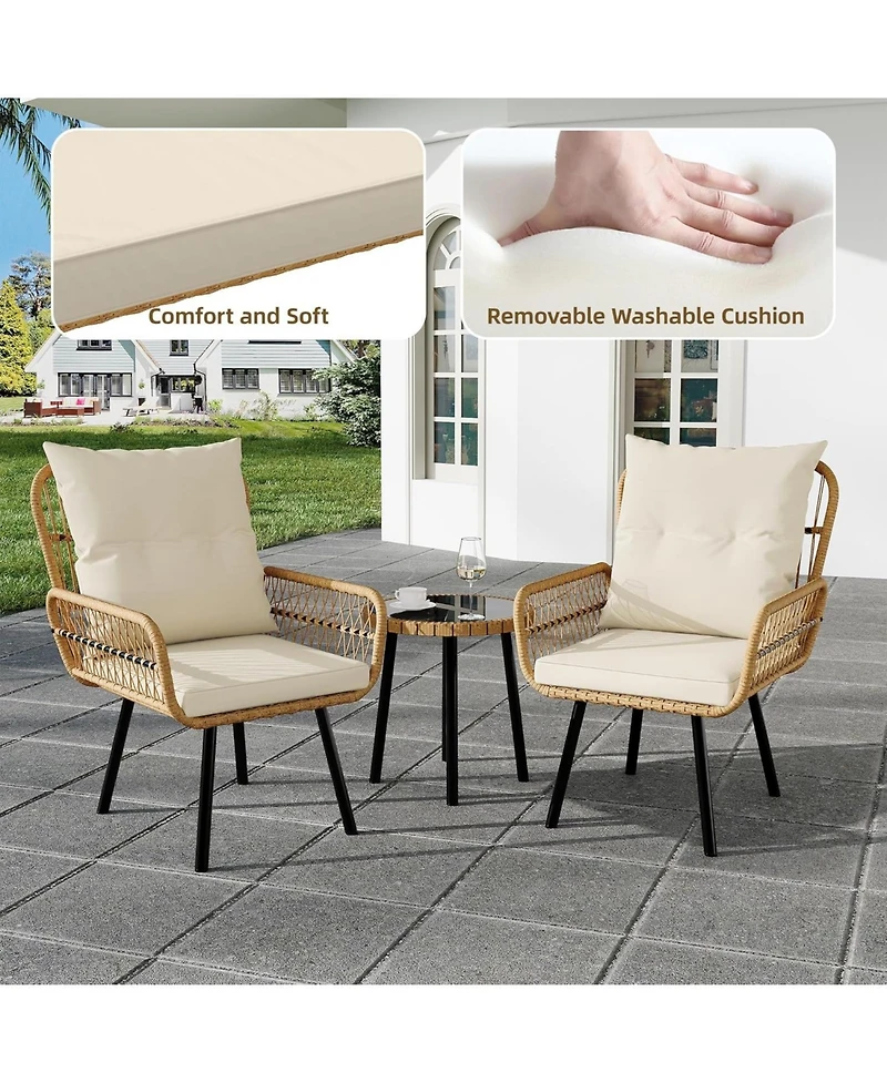 gaomon 3 Piece Patio Bistro Set, Outdoor Wicker Conversation Set with Round Glass Top Coffee Table and Cushioned Chair, All-Weather Rattan Patio Furni