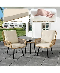 gaomon 3 Piece Patio Bistro Set, Outdoor Wicker Conversation Set with Round Glass Top Coffee Table and Cushioned Chair, All-Weather Rattan Patio Furni
