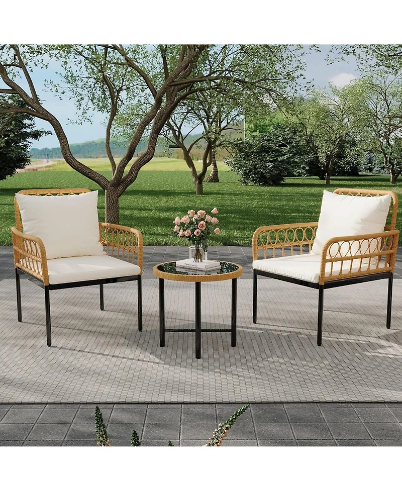 gaomon 3 Pieces Wicker Patio Bistro Sets Outdoor Conversation Sets with Glass Top Side Table and 2 Modern Rattan Chairs, Patio Furniture Set for Apart